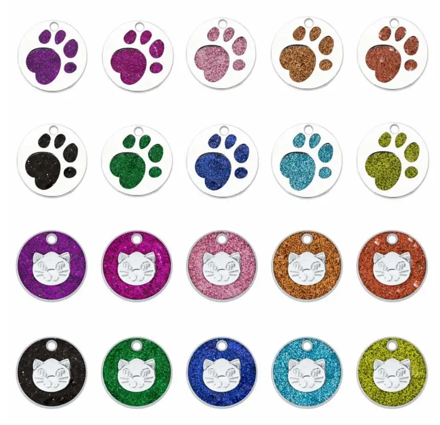 10pc/lot 25mm Sparkly Pet Cat dog paw tag pendant charm Bling Round hang charms fit for DIY keychains bag pet collars jewelrys