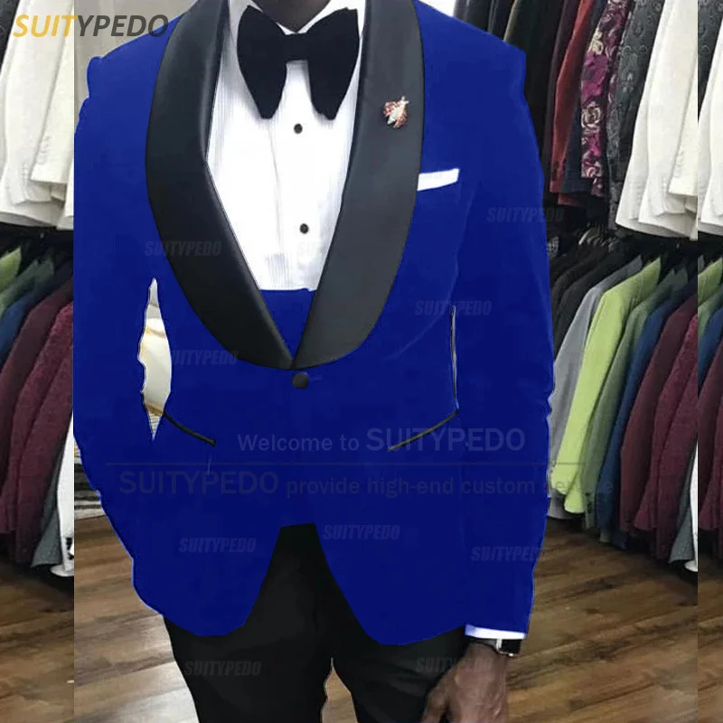 

Fashion Velvet Royal Blue Men Suit Sets Shawl Lapel Jacket Formal Gala Wedding Party Groom Slim Fit Blazer Vest Pants 3 Pieces