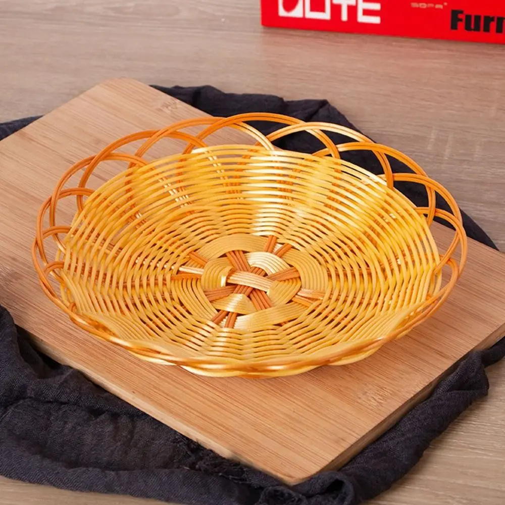 New Plastic Imitation Rattan Basket Round Woven Food Plate Fruit Basket Breakfast Cake Snack