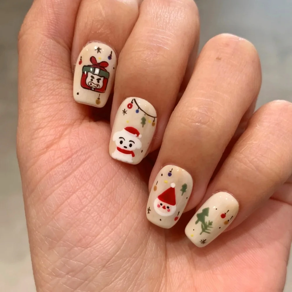 10 Pcs Handmade Press On Nails Christmas Nail Cute 3D Snowman Short Coffin Limited Fake Nails Design Art DIY Nails with Set