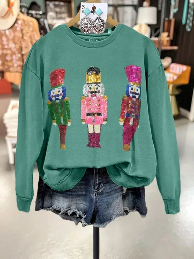 Nutcracker Contrast Print Green Sweatshirt Christmas Pullovers Not Sequins