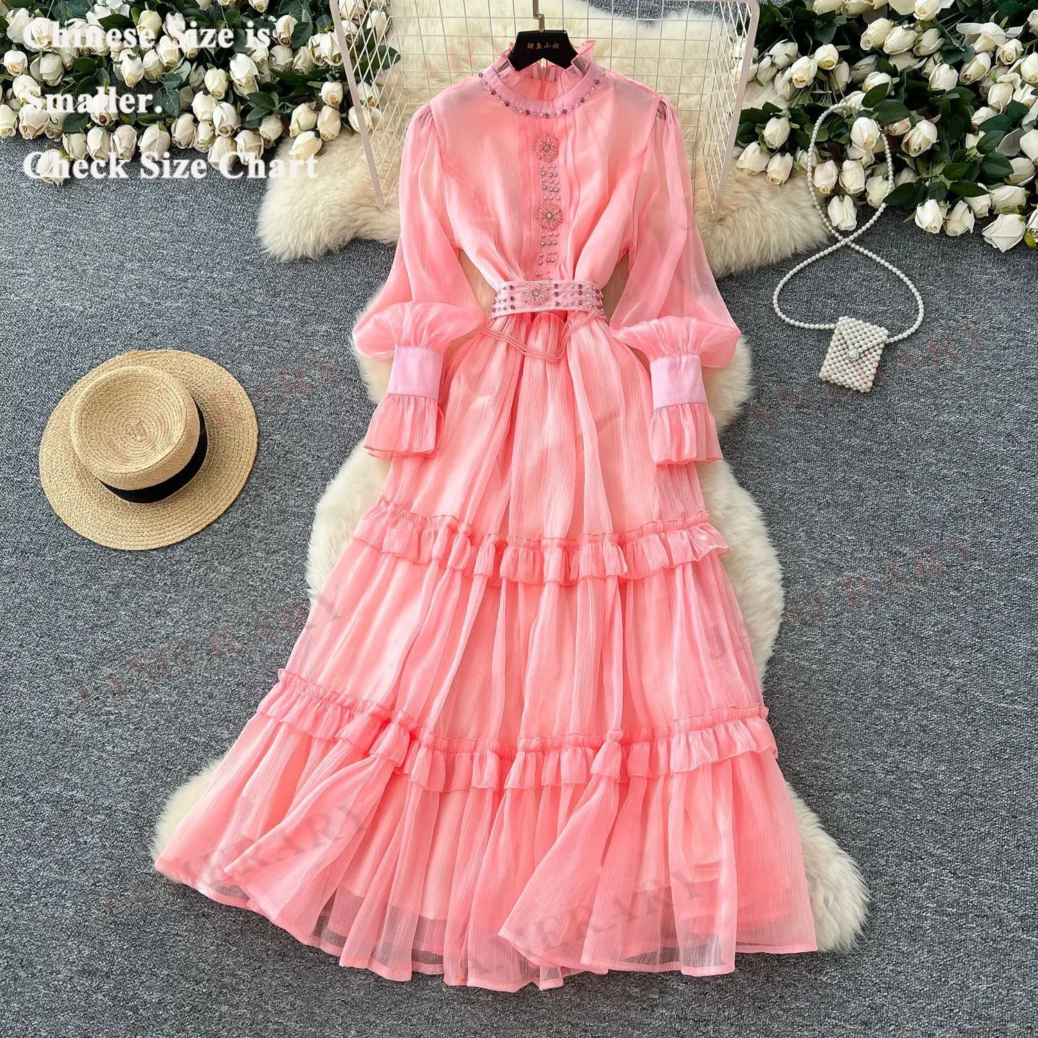 Elegante verano otoño satén manga larga Maxi Vestido de pastel mujeres volantes vestidos de noche de cristal Hada dulce Vestido con cuentas de cristal
