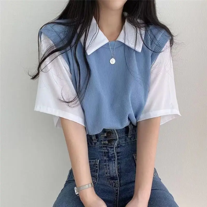 Summer Fake Two Pcs Patchwork Turn Down Collar Student Korea T-shirts Women Loose Tee Tops CDPF-WYP-46