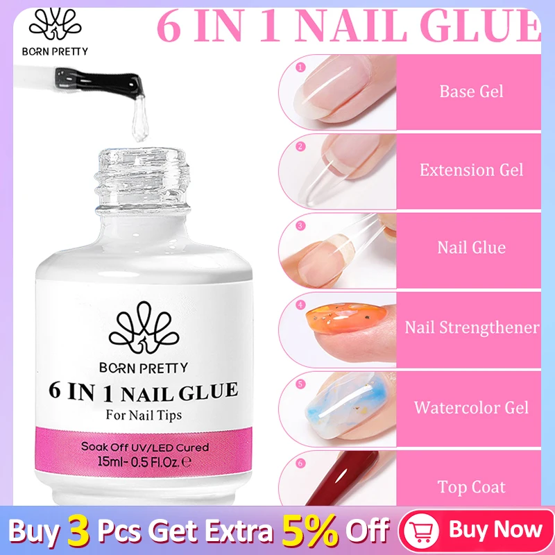 BORN PRETTY 15/10ML 6 IN 1 Nail Glue Gel for Acrylic Nails Soak off Base Gel Top Coat UV Extension Nail Gel False Nail Tips Gel