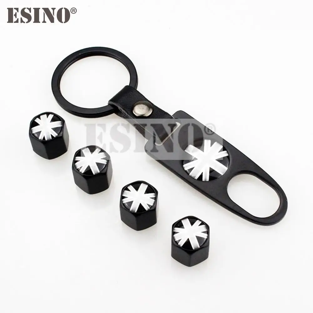 

4 x Car Stainless Steel Zinc Alloy Wheel Tire Valve Stems Caps UK National Flag Universal With Mini Wrench Key Chain