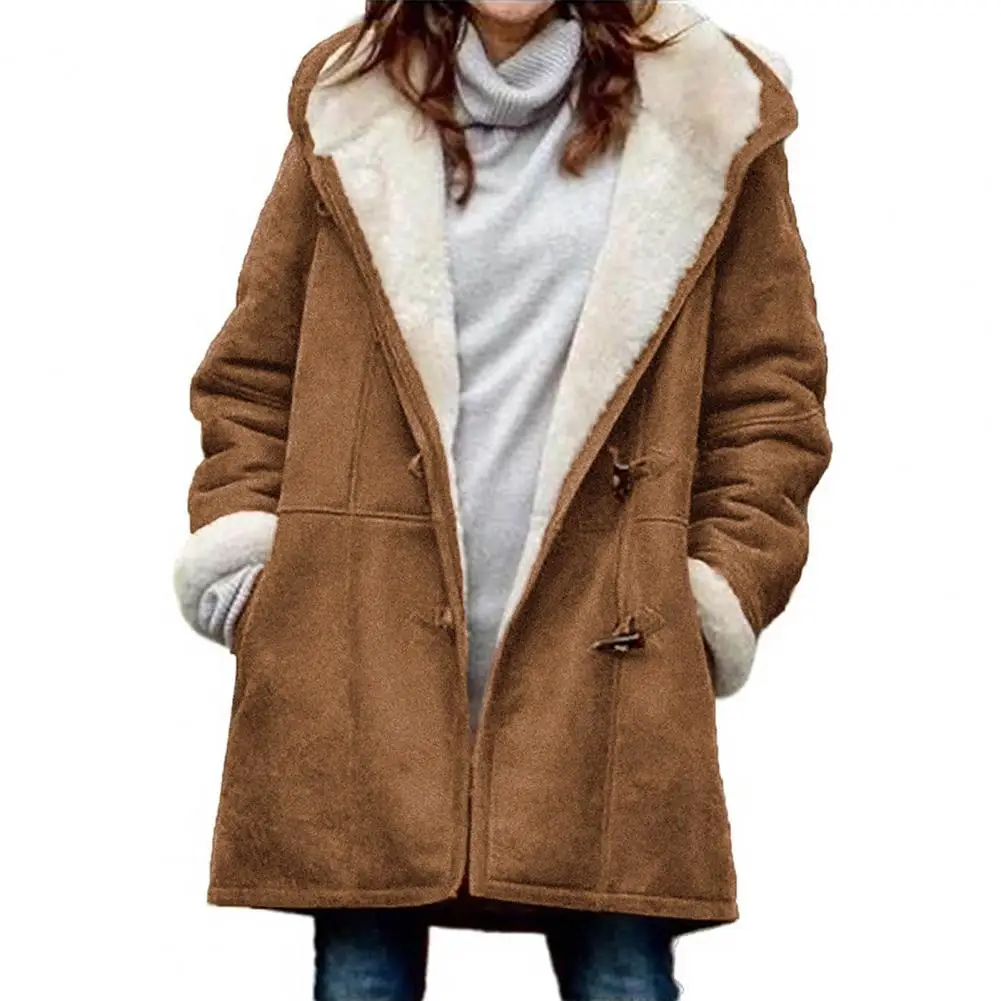 Women Fuzzy Jacket Fleece Lined Hooded Horn Buttons Medium Length Overcoat Winter Windproof Furry Outerwear Women Coat Chaquetas