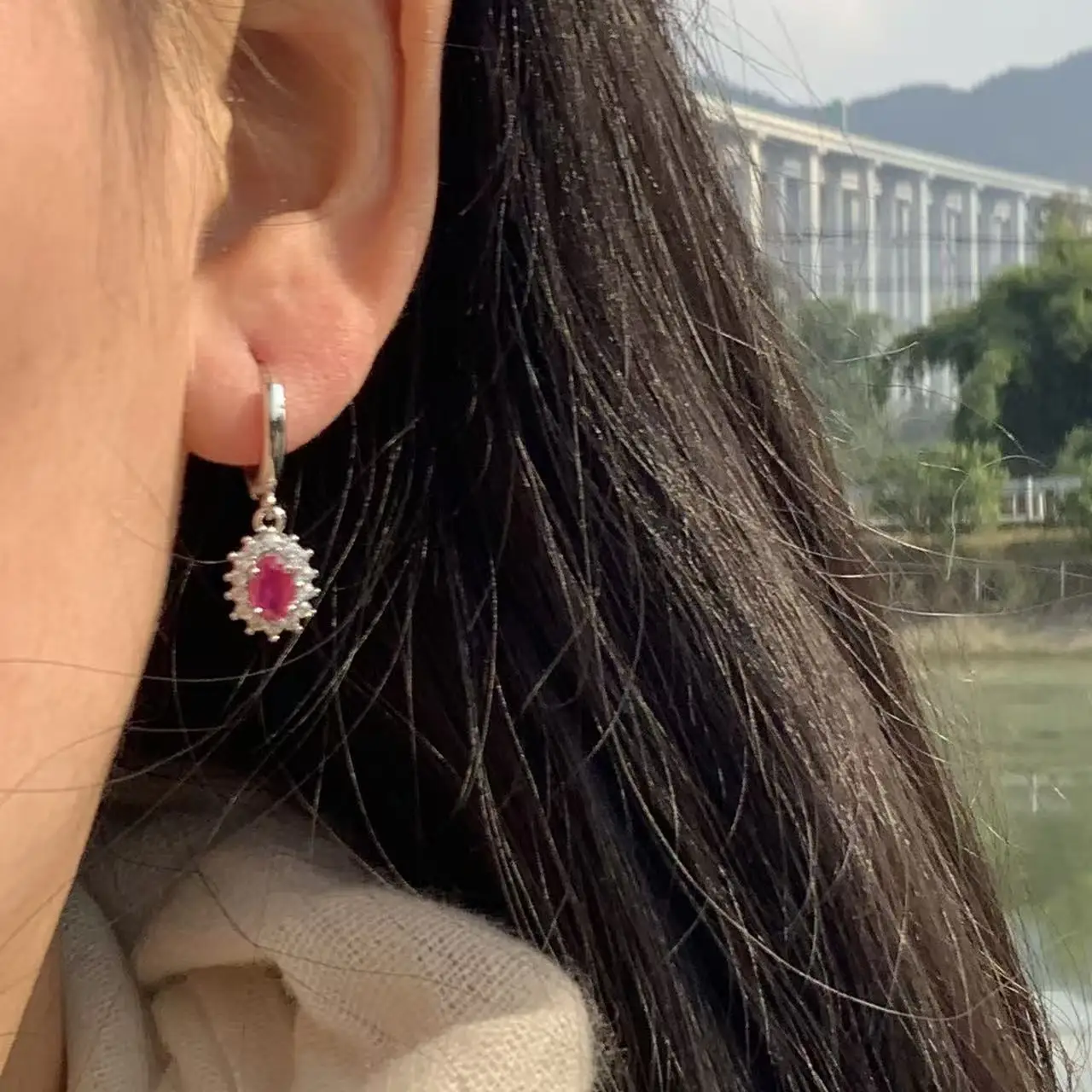 HEYYA STONE 2CT  Natural Ruby Hoop Earrings For Women  Earrings Simple Fine Jewelry Stone Gemstone ZIRCON PAVE