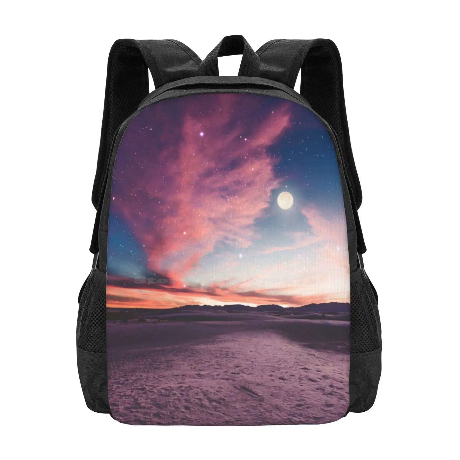 Moon Gazing Hot Sale Schoolbag Backpack Fashion Bags Sunset New Mexico Desert Landscape Nature Pink Purple Sand Dunes Blue