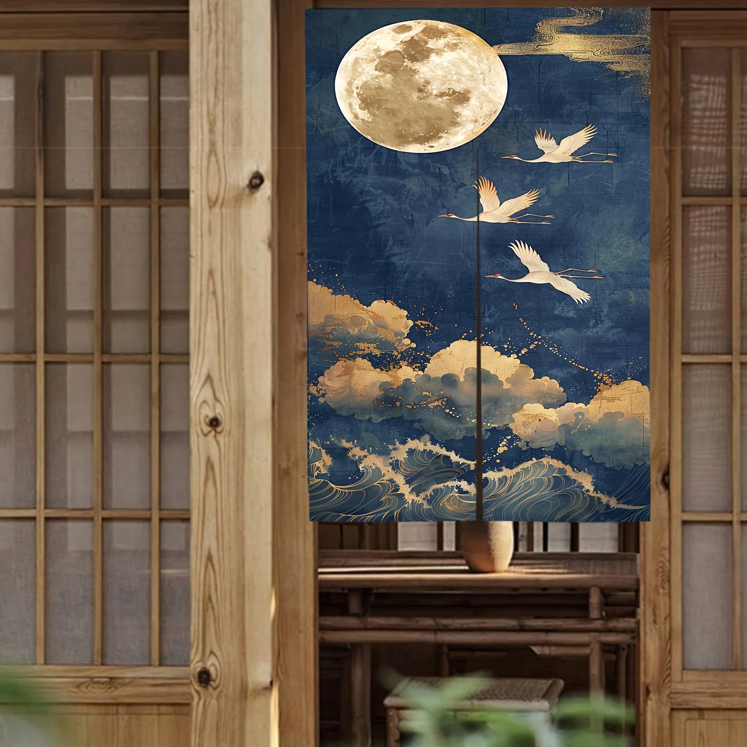 Japanese Style Crane & Moon Noren Curtain - Imitation Linen, Privacy Screen for Bedroom/Living Room/Bathroom,Elegant Home Decor