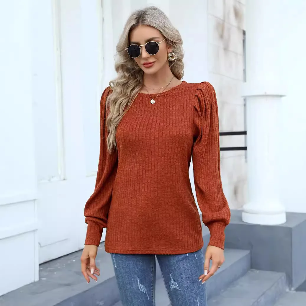Women's Clothing Amazon's New Solid-color Pit Strip Polished Round Neck Top Women's Bubble Shoulder Long-sleeved T-shirt