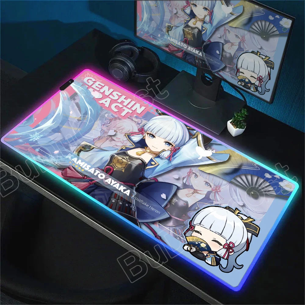 

New Pretty Genshin Impact RGB Mouse Pad Anime Mousepad Kawaii Desk Mat Tartaglia Kamisato Ayaka Non-slip Rubber Gaming Mousepads