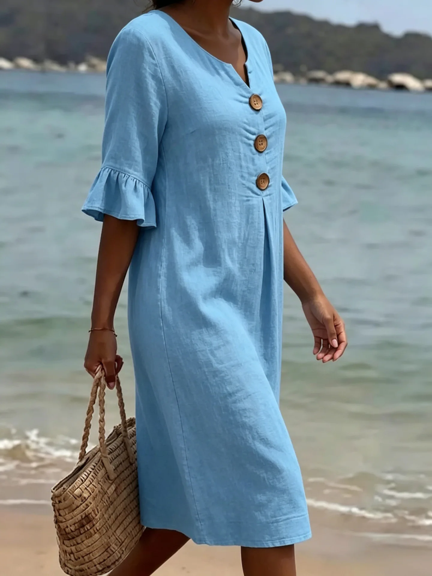 V-neck Button Solid Color Casual New Beach Vacation Style Versatile Dress For Women's A-line Lace Short Sleeved Patchwork Skirt