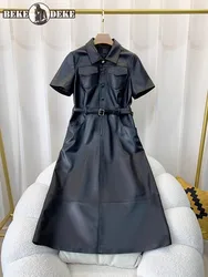 Medium Long Elegant Women Genuine Leather Dress Short Sleeve Slim Fit HIgh Waist A-Line Dresses Single Breasted Sheepskin Dress