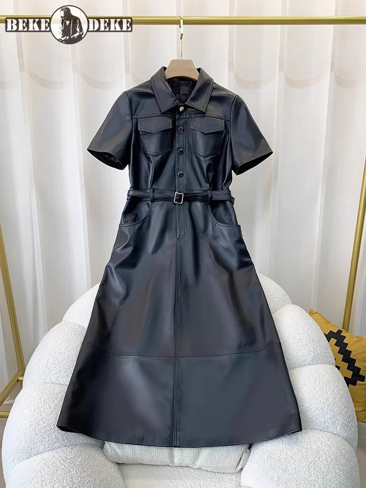 Średnio długa elegancka damska sukienka z prawdziwej skóry z krótkim rękawem Slim Fit sukienki o linii A z wysokim stanem jednorzędowa sukienka z owczej skóry