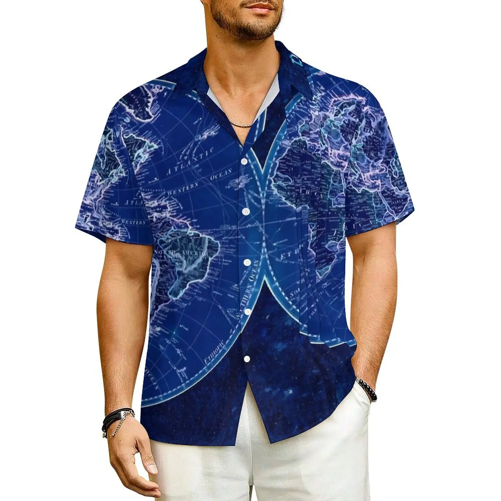 Negative World Map Vacation Shirt Antique Map Hawaiian Casual Shirts Male Elegant Blouses Short Sleeve Harajuku Custom DIY Top