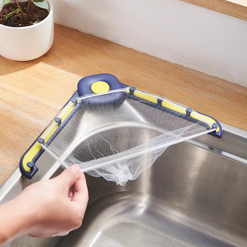Kitchen Sink Filter Rack Foldable Triangle Drain Basket Garbage Mesh Bag Fruit Vegetable Drainer Kitchen Gadgets
