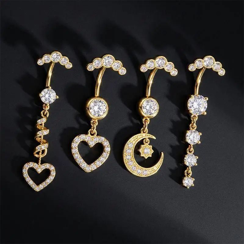 Heart Dangle Navel Piercing Belly Button Rings 5 Pcs Shiny Rhinestones Curved Jewelry for Girls Festival Decor