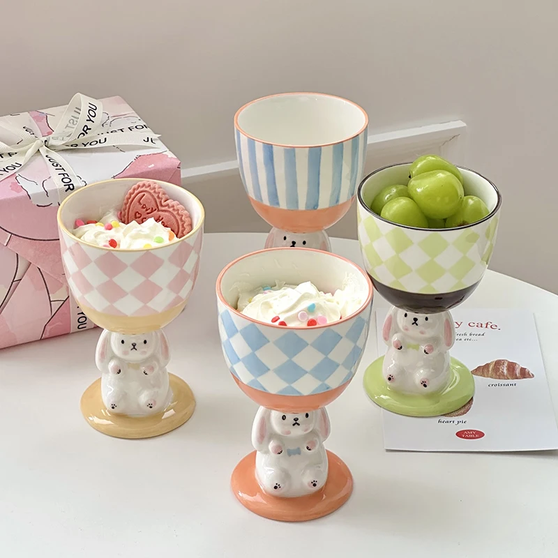 Cute Pink Rabbit Base Drinkware Ceramic Creative Cartoon Bunny Cute Water Cup Dessert Ice Cream Bowl Tea Cup Kawaii