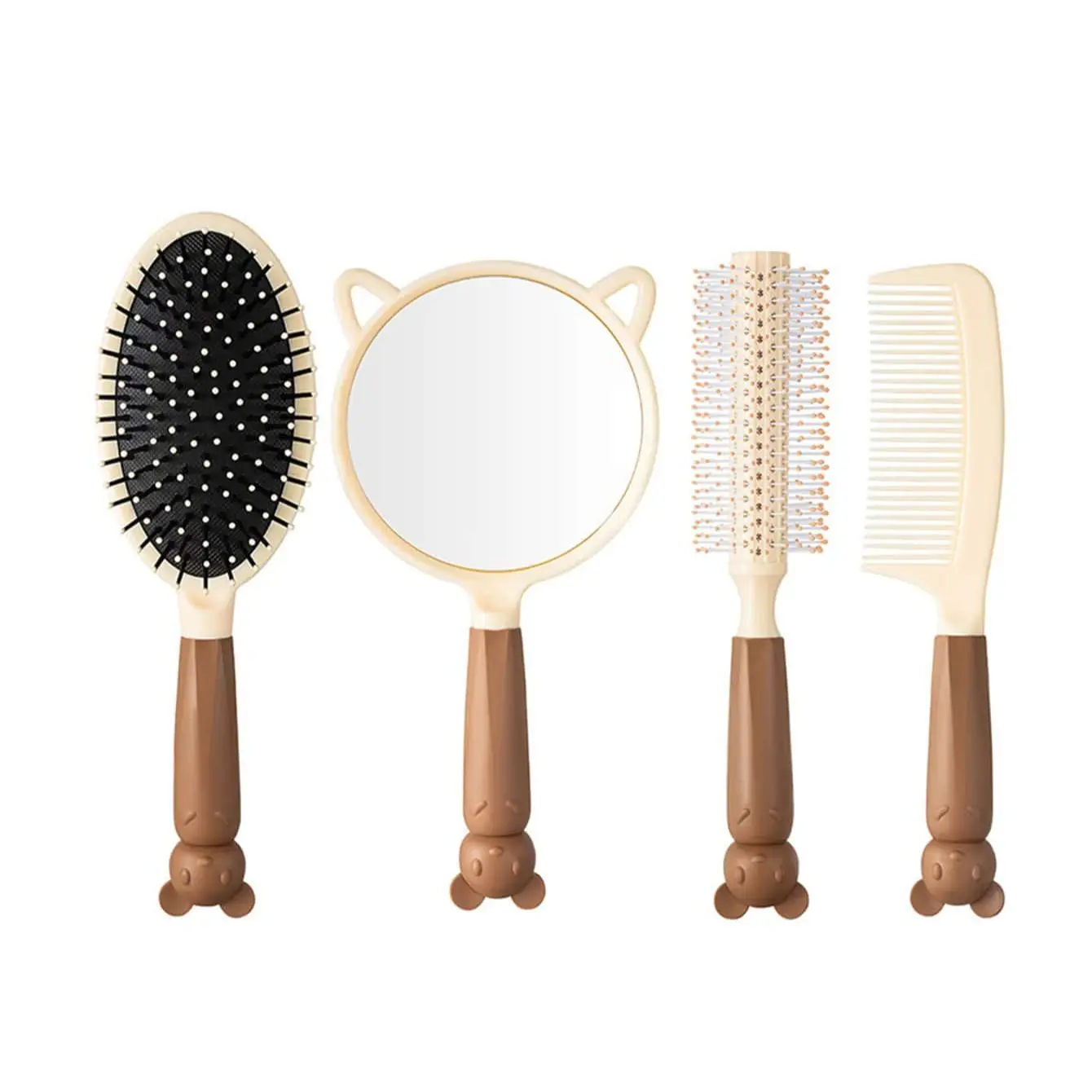 4Pcs - Cute Cartoon Soft Cute Comb Mirror Set of Four, Coffee Mouse Set of Four, Mirror Comb Set