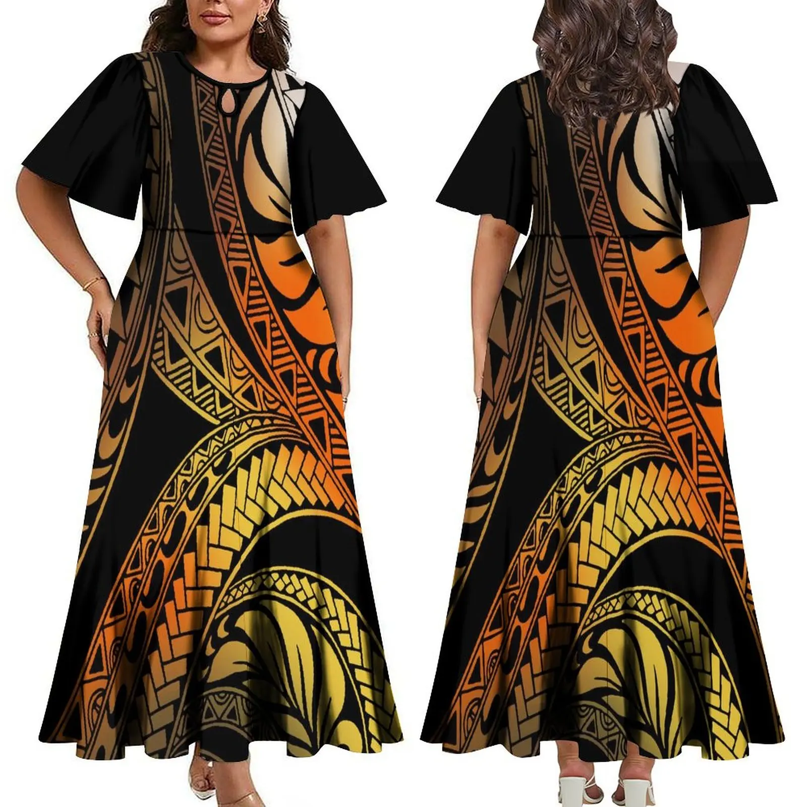 Support Your Design For A Breathable O-Collar Maxi Dress 6xl Cut-Out Flared Sleeve Party Dress Polynesian Design 