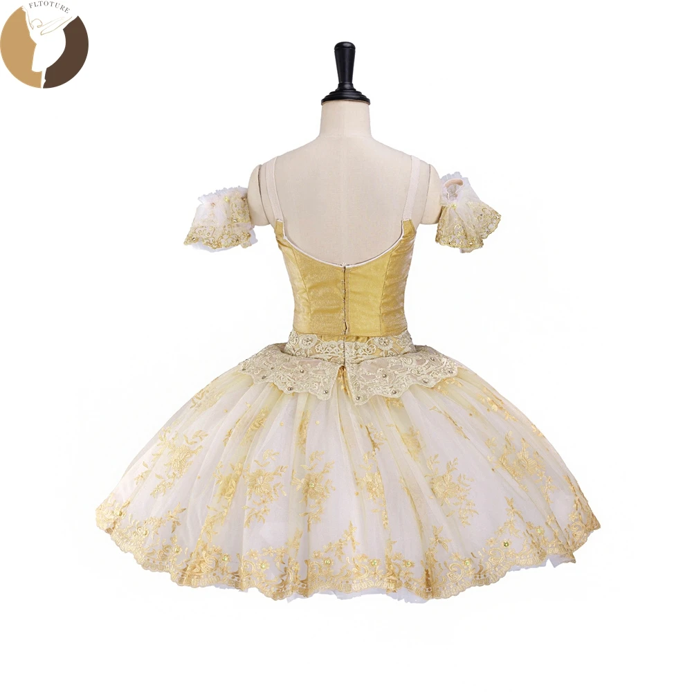 FLTOTURE New Arrival Girls Classical Ballet De Ballo Gold Costumes 10 Layers Yellow Ballet Bell skirt For Dance Stage Wear