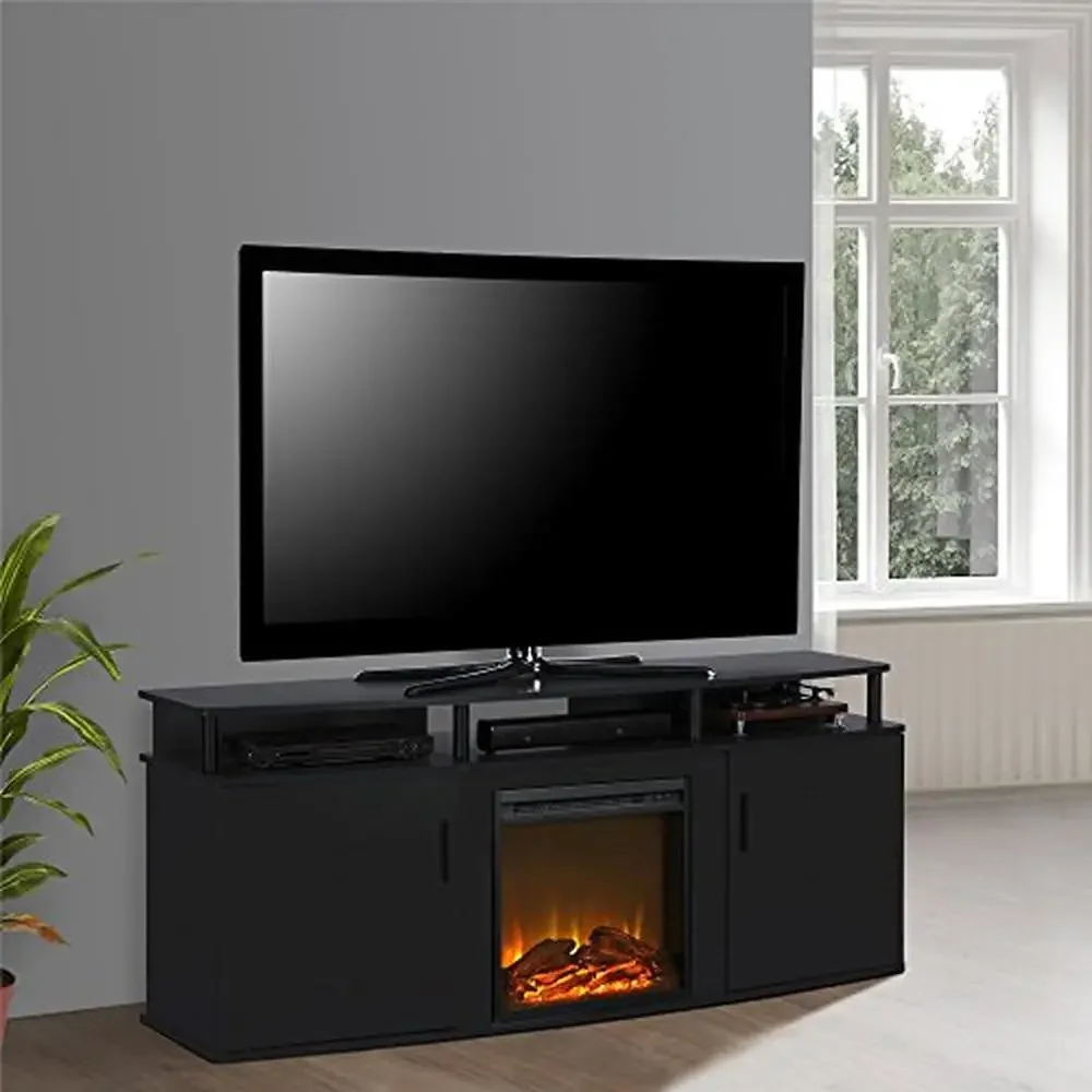 Flame Effect TV Stand Console 70'' TVs Cherry Finish Organize Electronics Energy-Efficient LED Light Modern Metal Accents