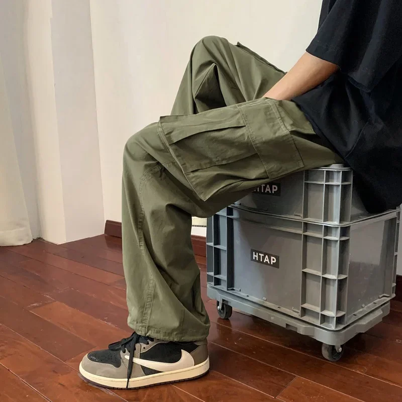 Military Green Amei Kao Men's Cargo Pants Summer Japanese Style Oversize Vintage Heavy Straight-leg Casual Pants