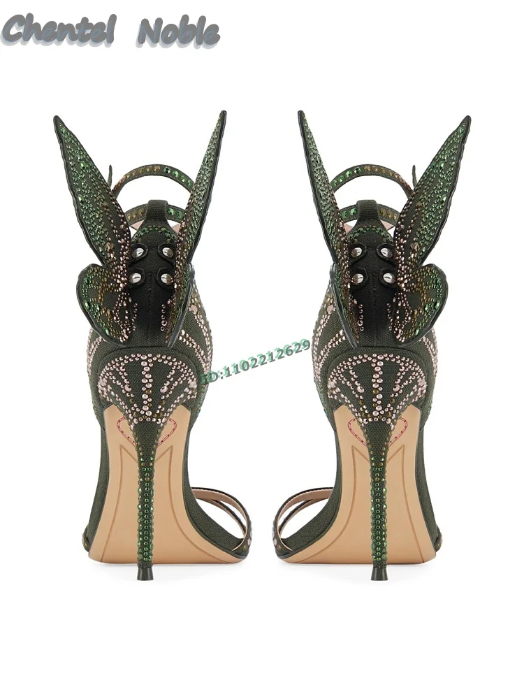 Butterfly Sparkling Crystals Sandals Round Peep Toe Cross Strap Thin High Heels Women Stiletto Ankle Strap Dress Party 2024