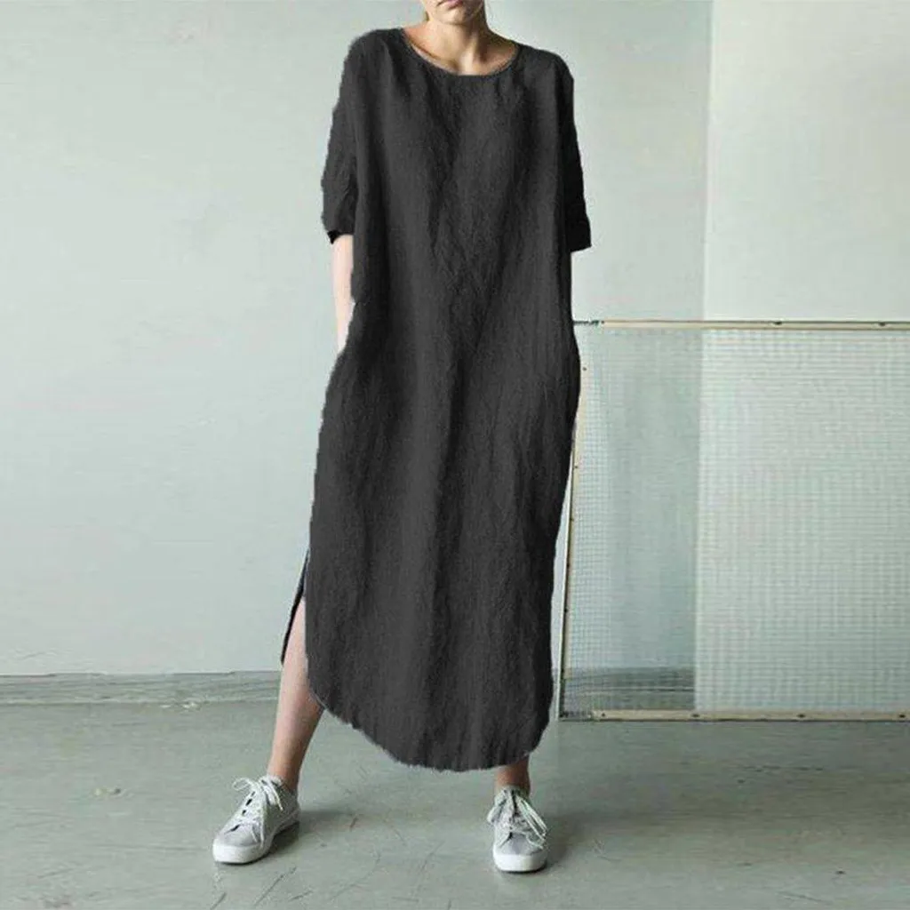 

Summer Women Dress Casual Loose Short Sleeve A-LINE Oversize Solid Midi Dress Cotton Linen Dresses for Women Vestidos De Mujer