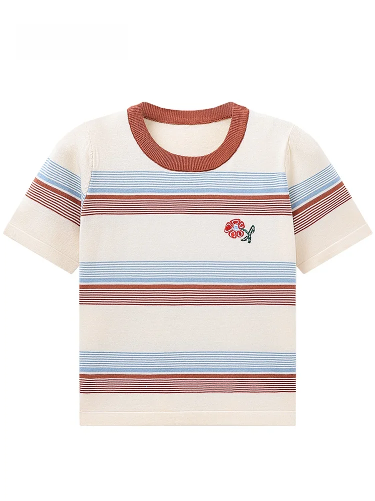 

JZZDEMM Summer Short Sleeve Knitted Top Color Block Stripe Pattern Embroidered Versatile Casual Fit Regular Length Crew Neck