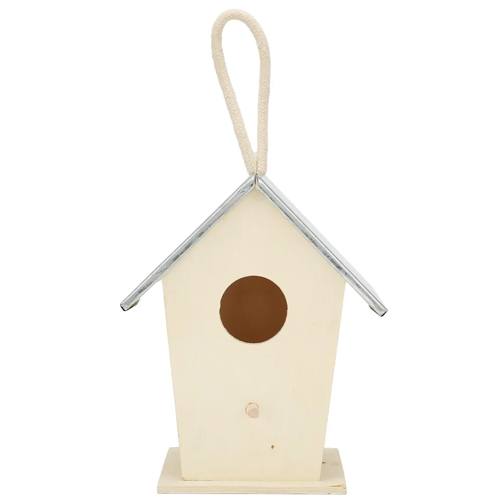 Galvanized Iron Top Wooden Bird House Built-in Perch Peg Wood Panel Frame Bird Nesting Box Suspension Setup Sloped Roof Design