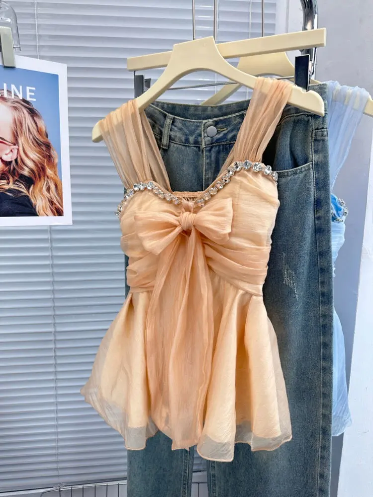 

2025 Spring Summer New Collection Sleeveless Rhinestone Bow Bandage Slim Waist Chiffon Vest Women Tank Top