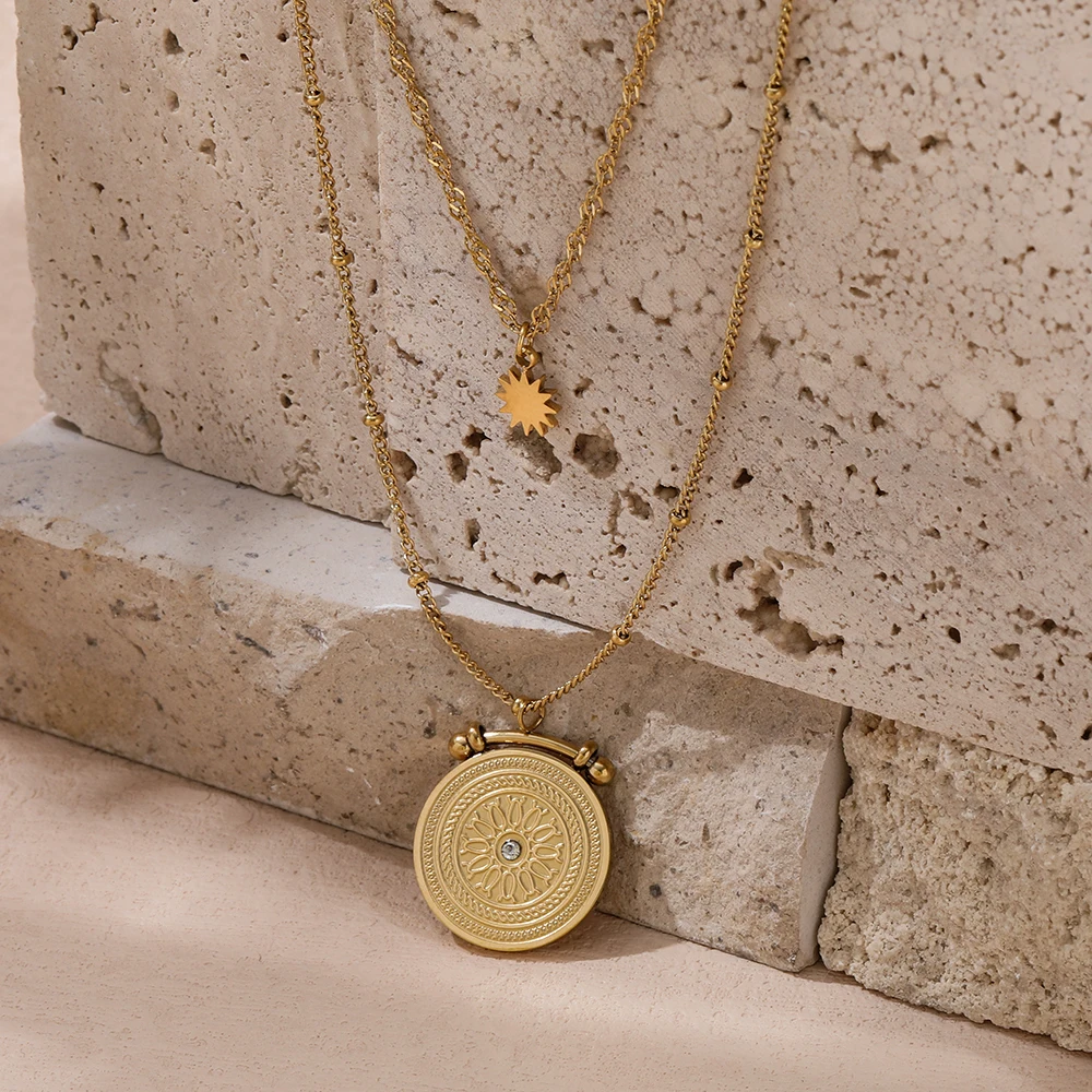 Joolim Jewelry High Quality PVD No Fade Wholesale Trendy Layered Coin Pendant Bead Chain Stainless Steel Necklace For Women