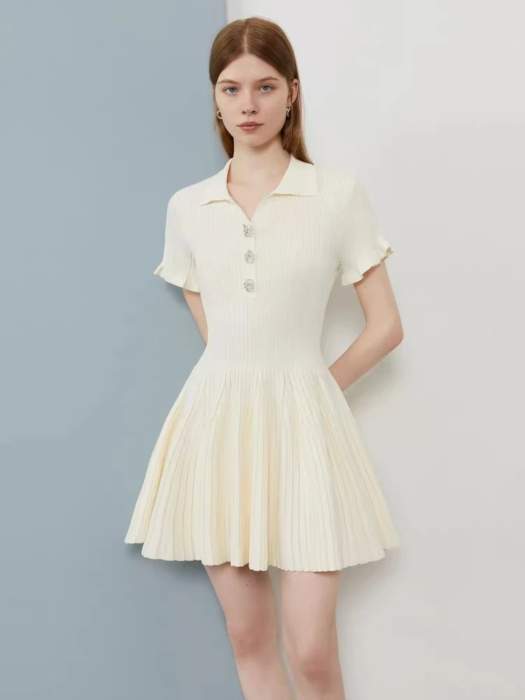 

High Quality Summer New Fashion Temperament Commuting Collar Short Sleeved Small Fragrant Button Short Knitted A-Line Dress