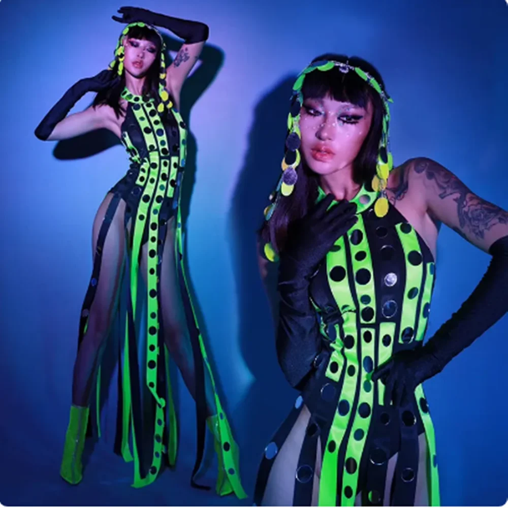 AK زي الفلورسنت الأخضر شرابة بذلة المغني راقصة أداء المرحلة زي الجاز جوجو ملابس الرقص حفلة الهذيان الزي