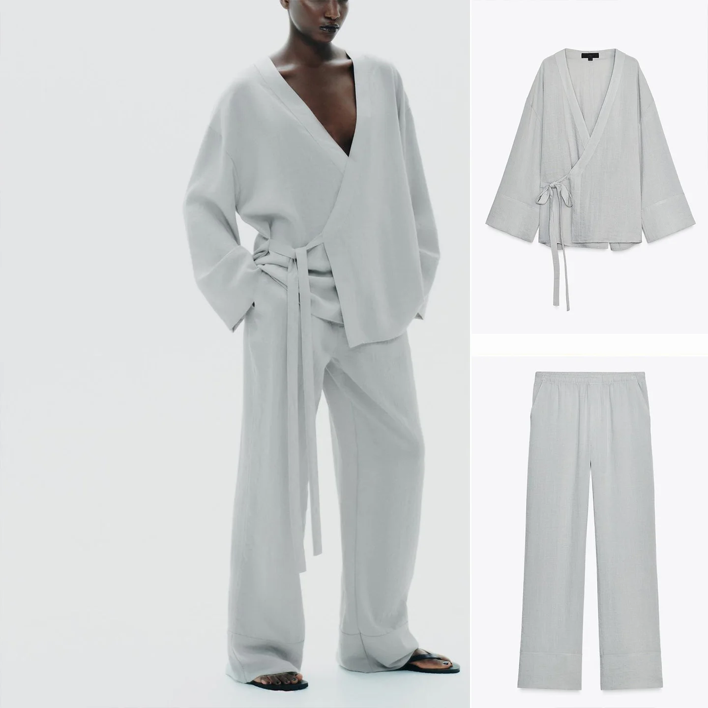 Lässiges Kimono-Sle-Set mit Knoten-Design, lang, Sve V Ne, Button-up-Spwear-Hose, zweiteiliges Faion-Set für Damen