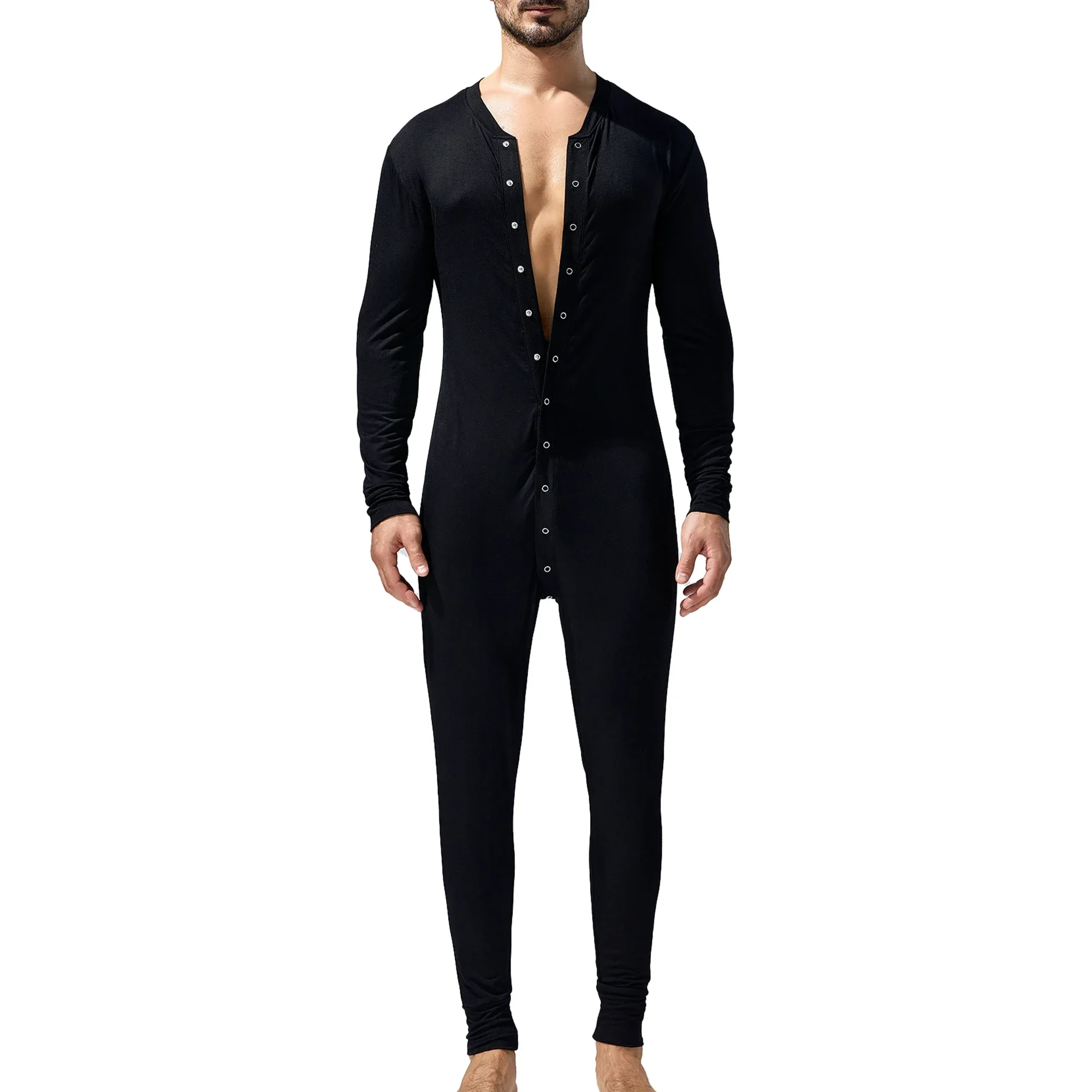 Men's Long Sleeve Sleepwear Undershirts Sexy Button Open Crotch Causal Jumpsuits Wrestle Singlet Bodysuits Leotards Home Pajamas