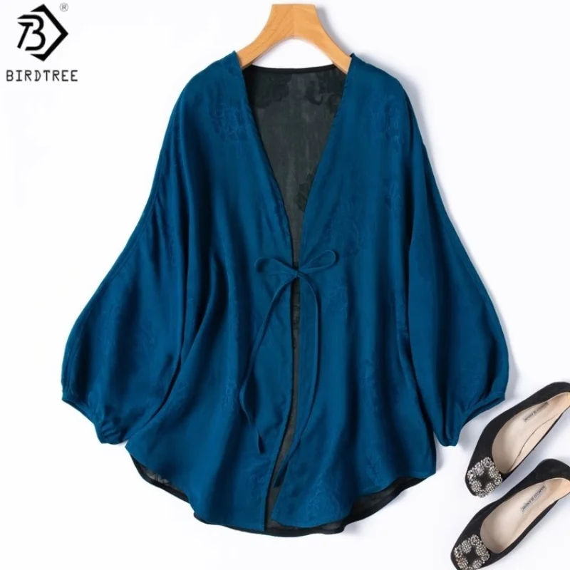 

Birdtree Women's 100% Silk Prussian blue Cardigan,Sun-Protective Semi-Transparent Lantern Sleeve Coat,2025 New T57203JF