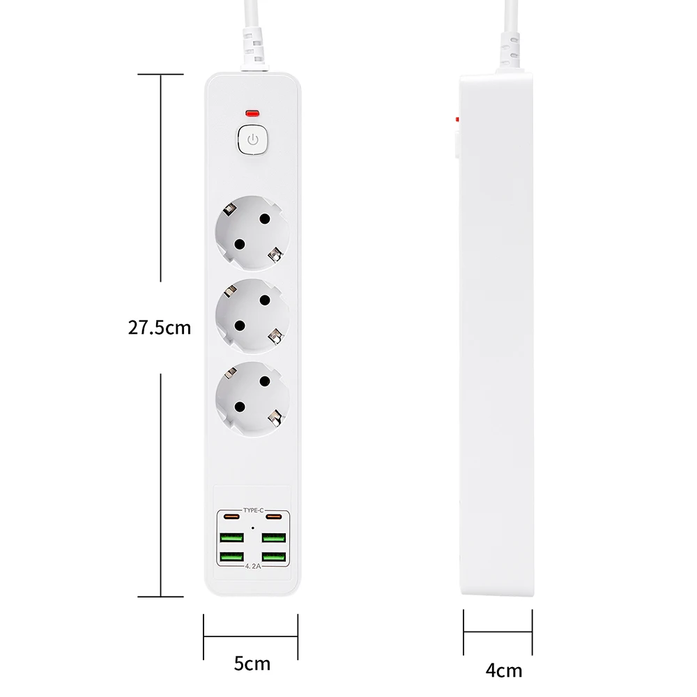 3000W EU Plug Strip USB Power Strip With Overload Protection 4USB 2Type C Charger Hub 2m Extension Socket With Switch