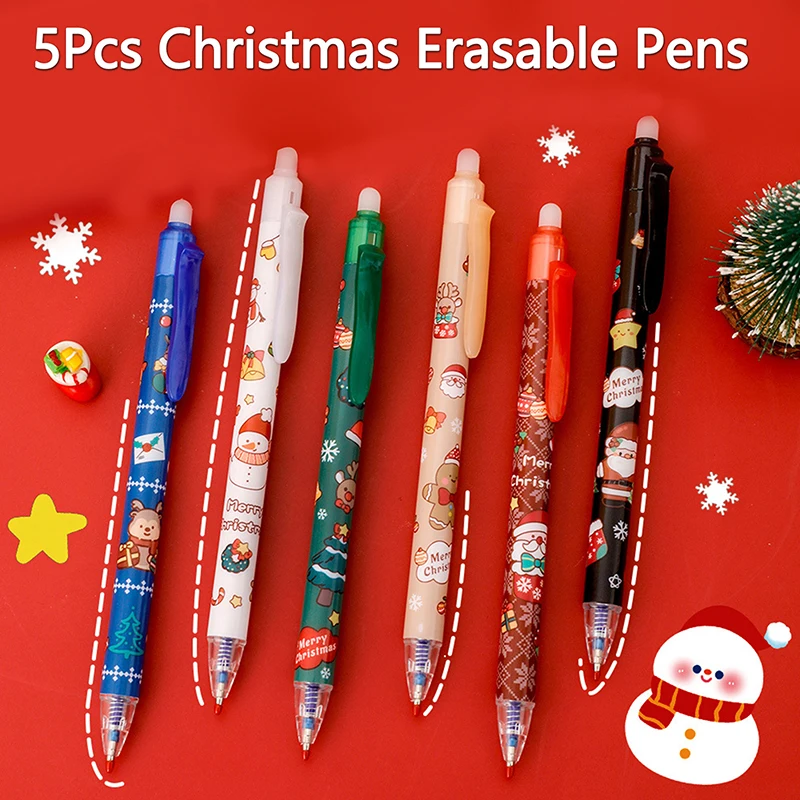 5Pcs Cartoon Christmas Pressing Gel Pens Cute Santa Claus Christmas Tree Blue Ink Erasable Pen Student Stationery Gifts