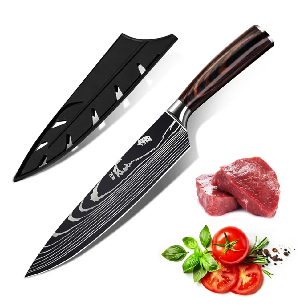 Sharp Kitchen Knife Wooden Handle Stainless Steel Meat Cleaver Kitchen Paring Knives Laser Damascus Pattern Chef  Knife