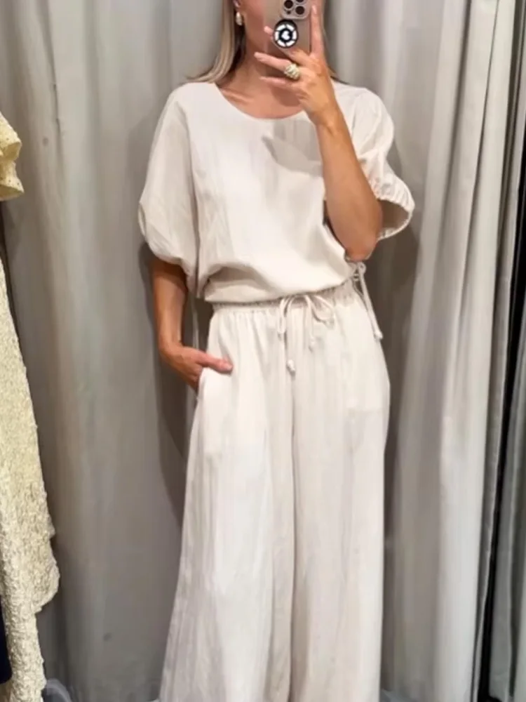 HH, camisa con cordones y cuello redondo con mangas abullonadas y botones a la moda para mujer + pantalones ajustados con cordón de cintura alta, conjunto liso de 2 piezas