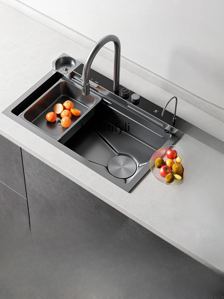 Waterfall Sink Household Kitchen Digital Display Multi-Functional Large Single Sink Washing Basin 304 Stainless Steel