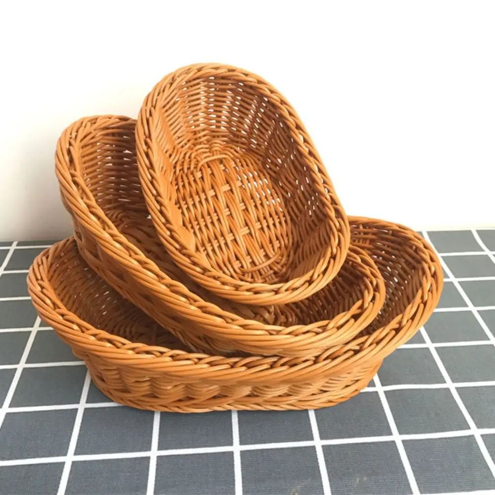 Imitate Rattan Kitchen Storage Basket Creative Brown Oval Bread Tray Living Room Vegetable Fruit Flower Organization Box