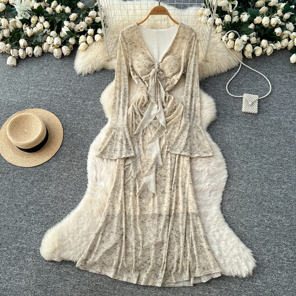 

Шикарное тонкое сказочное элегантное женское модное винтажное платье с длинными рукавами и расклешенными рукавами, осеннее платье трапециевидной формы