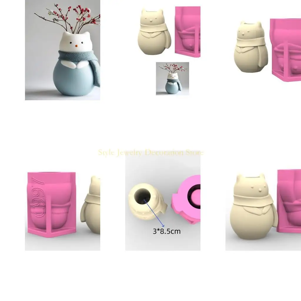 

D46E Easy Releasing Mold Planter Molds Flexible Hand-Making Moulds Bear Wearing Scarf for Concrete Art and Home Decors