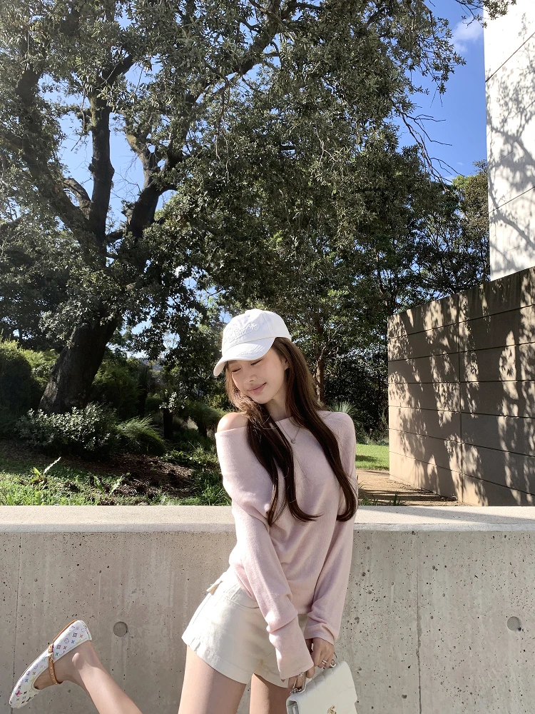 

Мягкий вязаный топ с открытыми плечами, легкий, удобный, в корейском стиле, повседневный, свободного кроя, с длинными рукавами, круглым вырезом, пуловер.