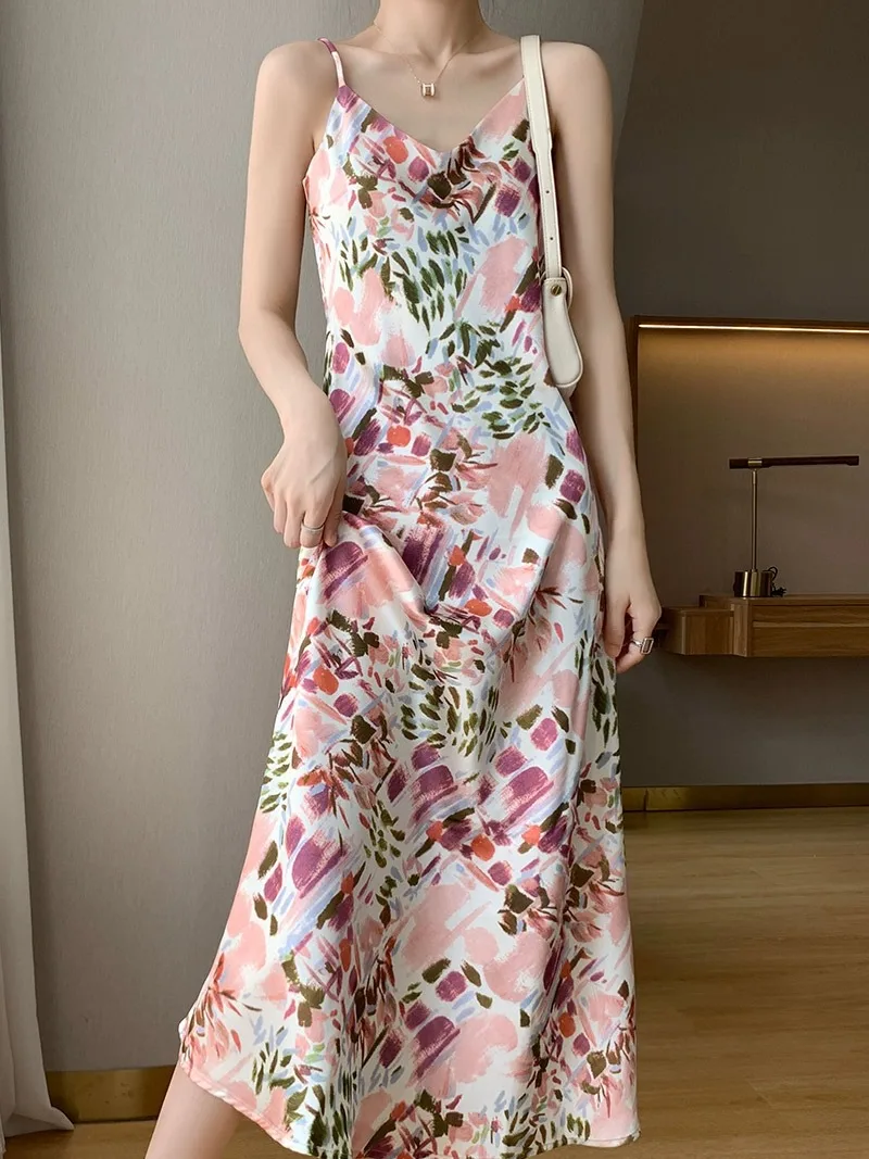 Ele seda cetim ter Dr feminino estampa floral emagrecimento V-Ne A-Line longo Dr temporada de verão cintura alta Sle