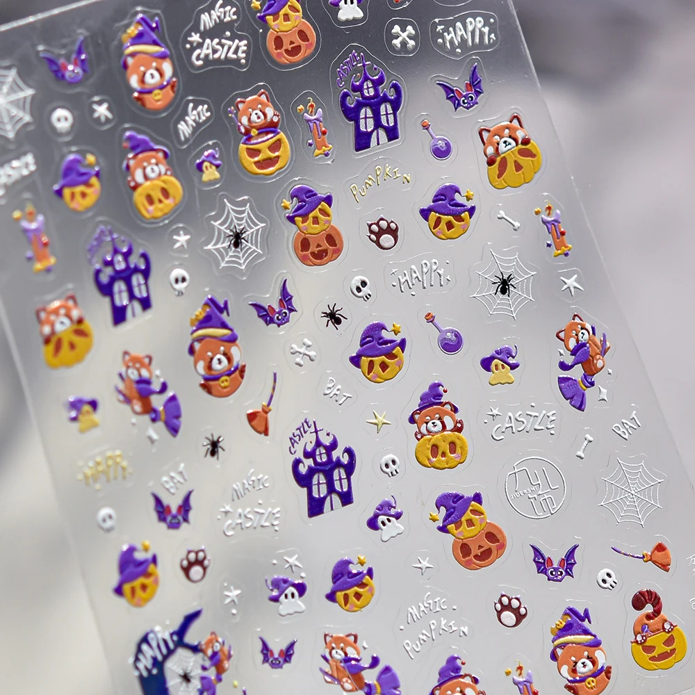 Süße gruselige Haunted Castle Trick-or-Treat verspielte Panda Fledermäuse Hexenbesen Totenkopf Knochen 5D Nail Art Aufkleber Halloween Nagelaufkleber