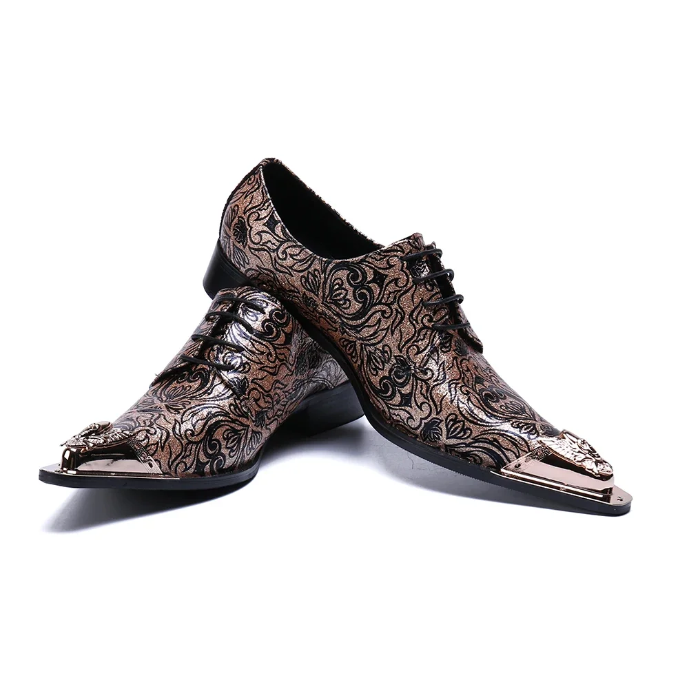 

Elegant Floral Print Genuine Leather Oxford Shoes Metal Pointed Toe Lace-up Men Prom Dress Shoes Business Party Men Casual Shoes